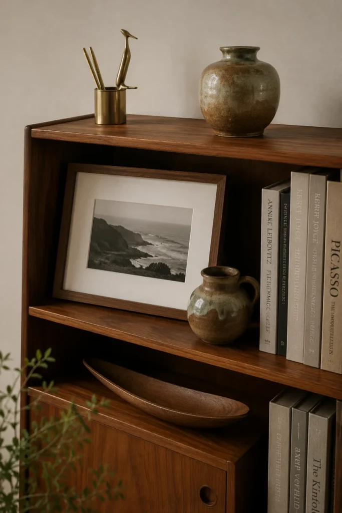 Japandi bookshelf styled with wooden shelves, ceramic vases, framed landscape photo, neutral books and dried branches