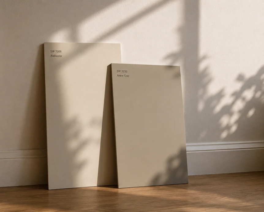 Two beige paint color swatches leaning against white wall with natural light and plant shadows on wooden floor