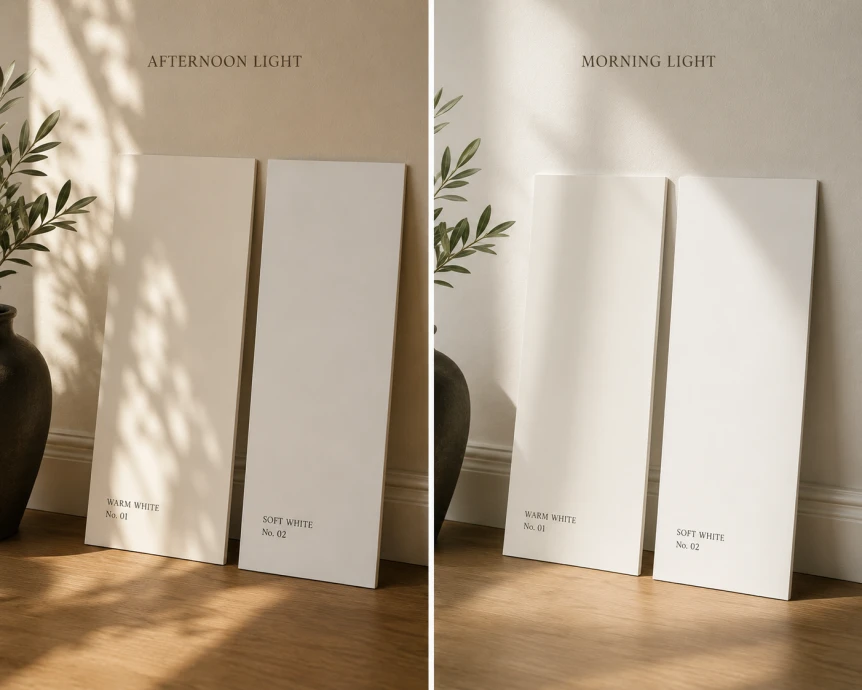 Two white paint swatches labeled afternoon light and morning light displayed on wooden surface with plant shadows