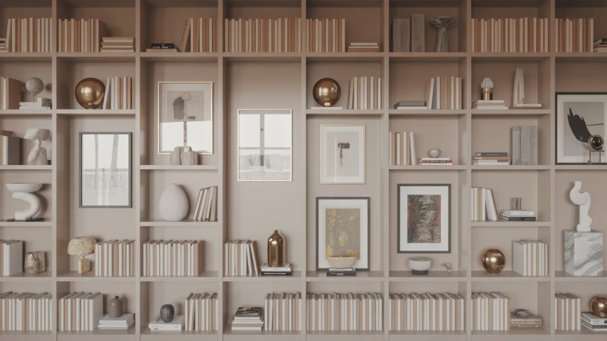 Elegant built-in bookshelf with neutral books, framed art, and decorative objects arranged symmetrically on white shelving