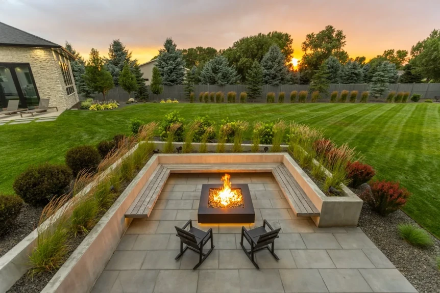 Modern backyard with a low concrete fire pit and built in bench, raised planter of ornamental grasses, large format paving, and a deliberately small grass panel beyond
