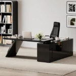 Modern black executive desk with geometric design in minimalist home office with bookshelf and neutral decor