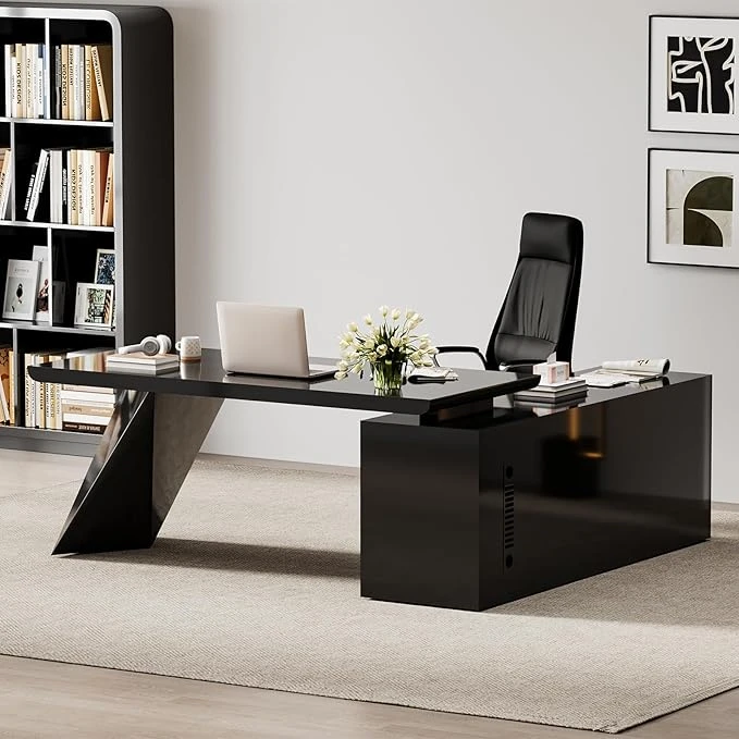 Modern black executive desk with geometric design in minimalist home office with bookshelf and neutral decor