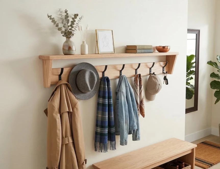 Wooden hall tree with shelf, hooks holding coats and hat, bench seating in entryway with neutral decor