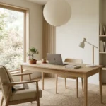 Minimalist Japandi home office with natural wood desk, open shelving, paper lamp, and large windows for serene workspace