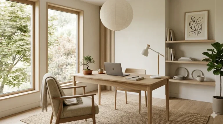 Minimalist Japandi home office with natural wood desk, open shelving, paper lamp, and large windows for serene workspace