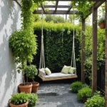 Tranquil patio corner with wooden swing, pergola, potted plants, and lush green privacy hedges creating peaceful outdoor s...