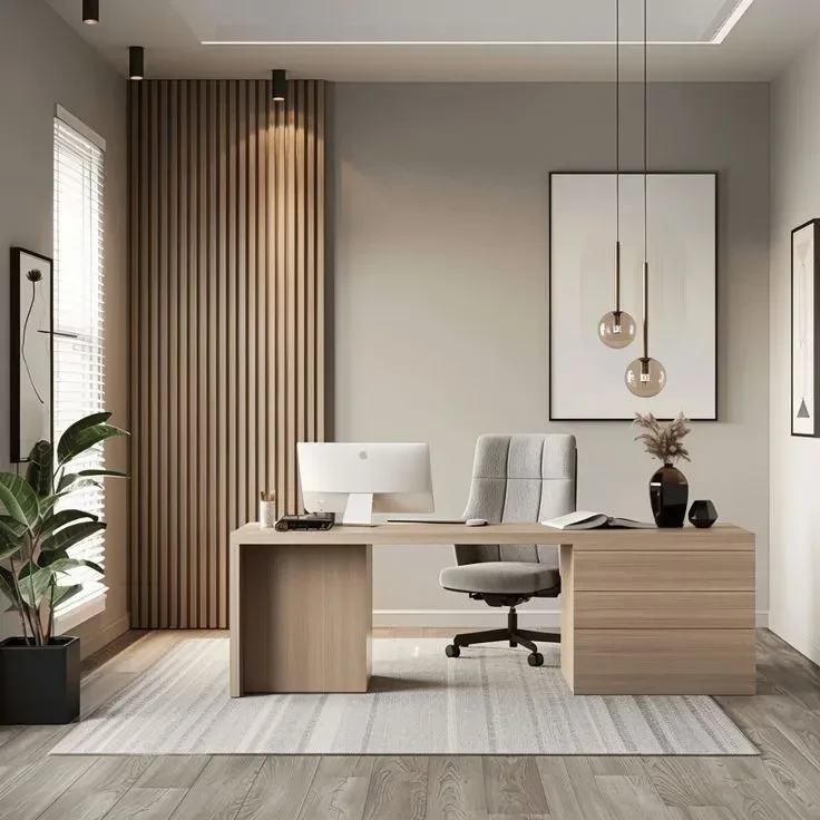Modern home office with ambient, task, and accent lighting featuring pendant lights, natural light, and minimalist desk setup