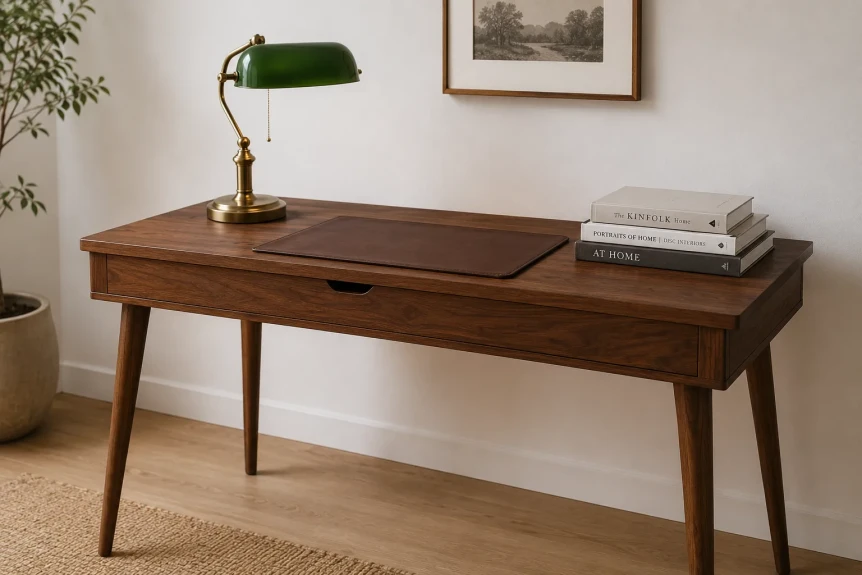 Mid century modern wooden desk with tapered legs, green banker's lamp, and minimalist home office decor