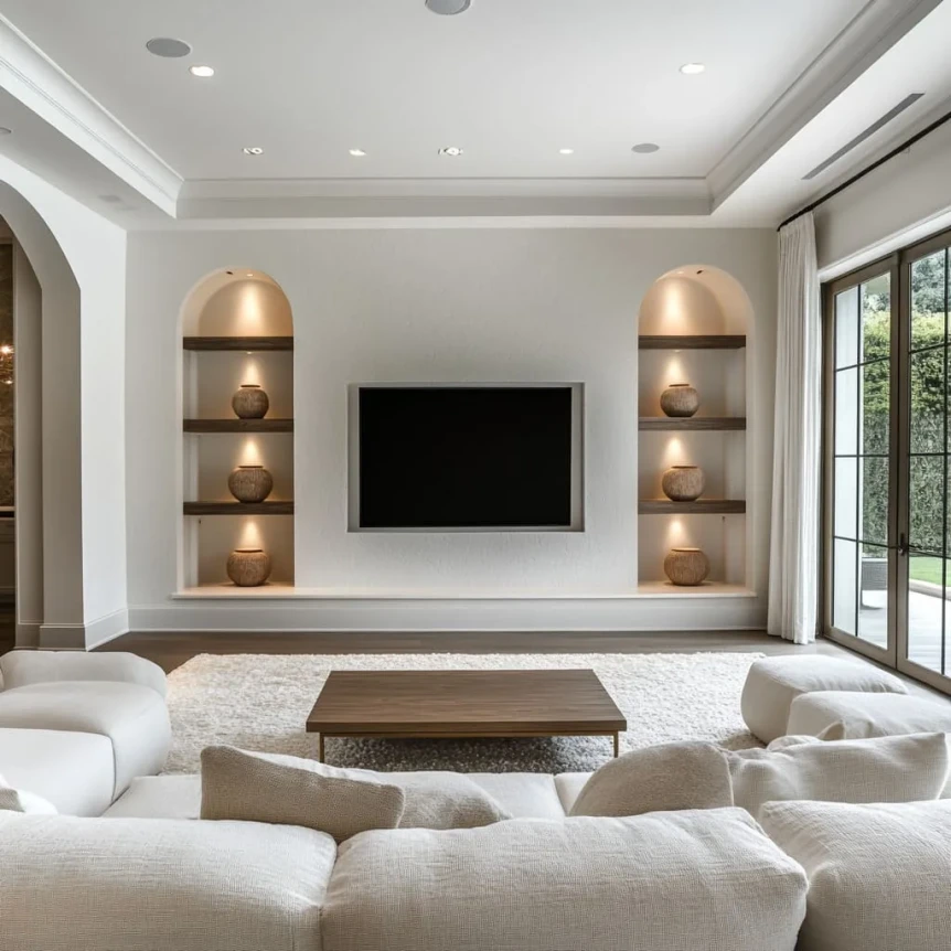 Modern living room with white walls, built-in shelving, flat screen TV, and neutral furniture with tray ceiling