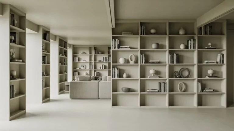 Modern minimalist library with floor-to-ceiling white built-in bookshelves displaying curated decorative objects