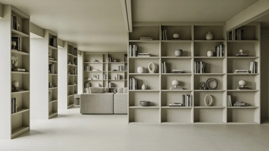 Modern minimalist library with floor-to-ceiling white built-in bookshelves displaying curated decorative objects