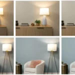 Paint color variations in ldifferent lighting conditions showing warm and cool tones with furniture and lamps