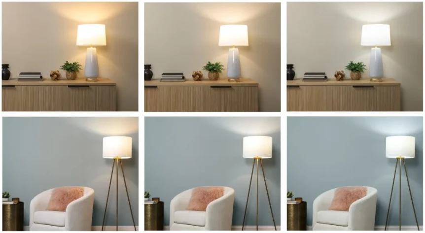 Paint color variations in ldifferent lighting conditions showing warm and cool tones with furniture and lamps