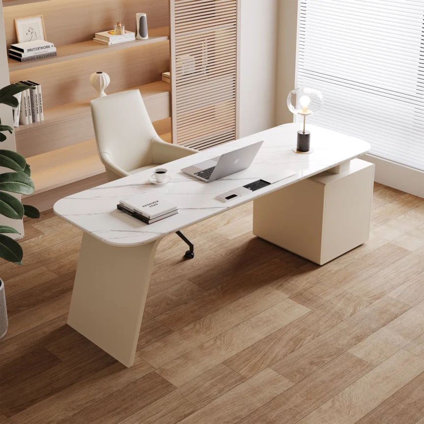 Minimalist modern home office with a white curved desk, beige ergonomic task chair, and natural daylight from a tall window