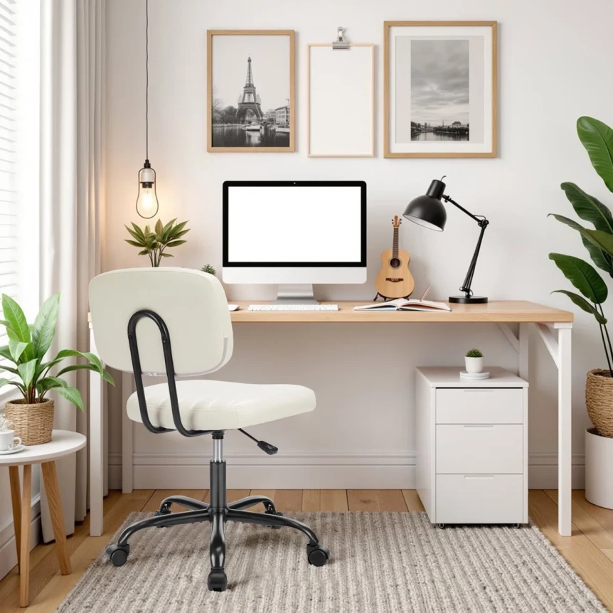 Minimalist Scandinavian home office with wood desk, white chair, computer, plants, and natural light decor