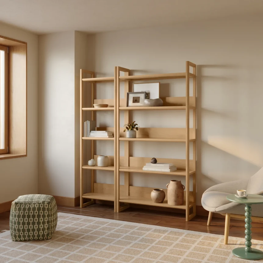 Natural wood freestanding bookshelves in minimalist living room with decorative items and soft natural lighting