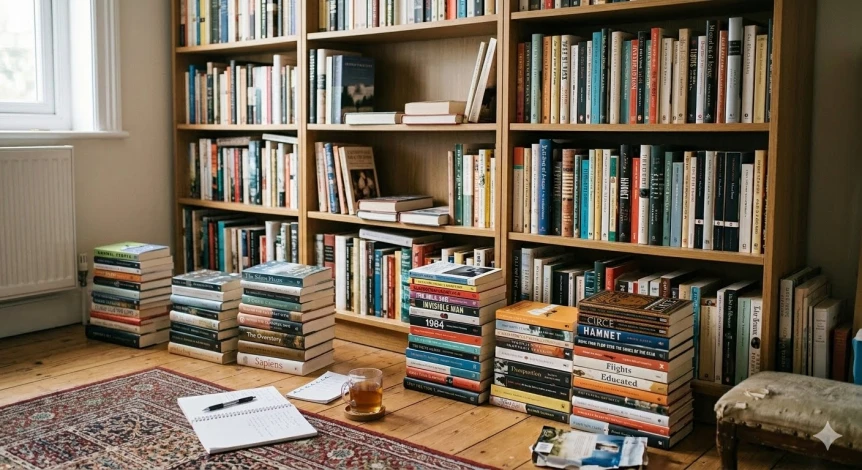 Overflowing bookshelf with stacks of books on floor in front of wooden shelves filled with colorful book spines