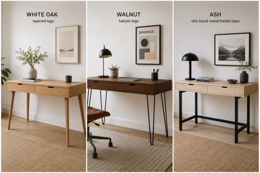 Three modern home office desks compared: a light oak desk with tapered legs, a walnut desk with a thin steel trestle base, and a white height adjustable desk