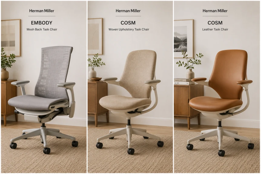 Group of modern ergonomic office chairs lined up, including a black mesh task chair, a beige upholstered swivel chair, and a low profile design chair