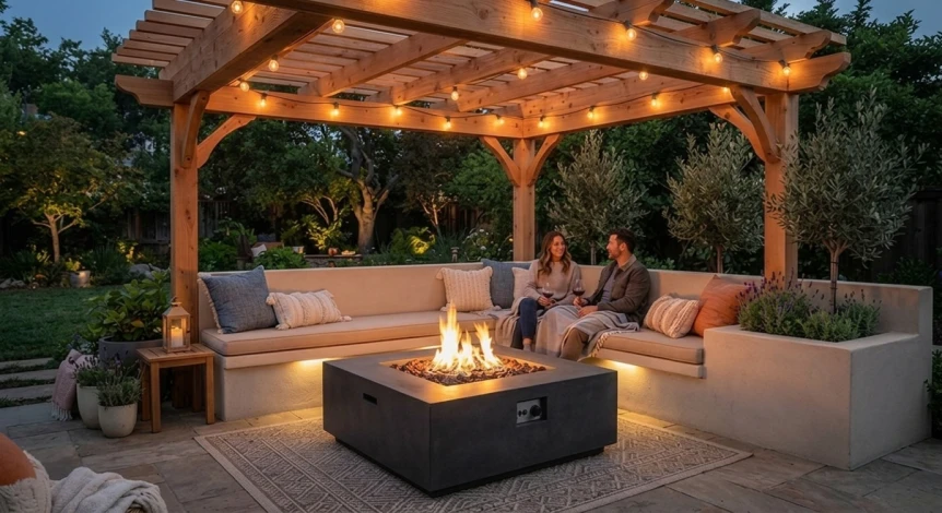 Backyard fire pit area with wooden pergola, string lights, outdoor seating, and modern fire table at dusk