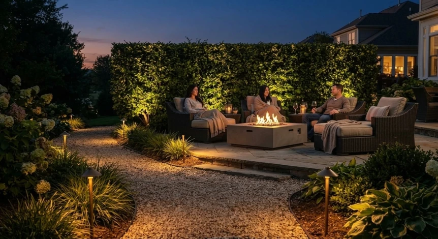 Illuminated backyard fire pit area with seating, landscaping, and ambient lighting at dusk