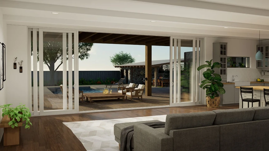 Open bifold doors connecting modern living room to outdoor patio creating seamless indoor outdoor flow