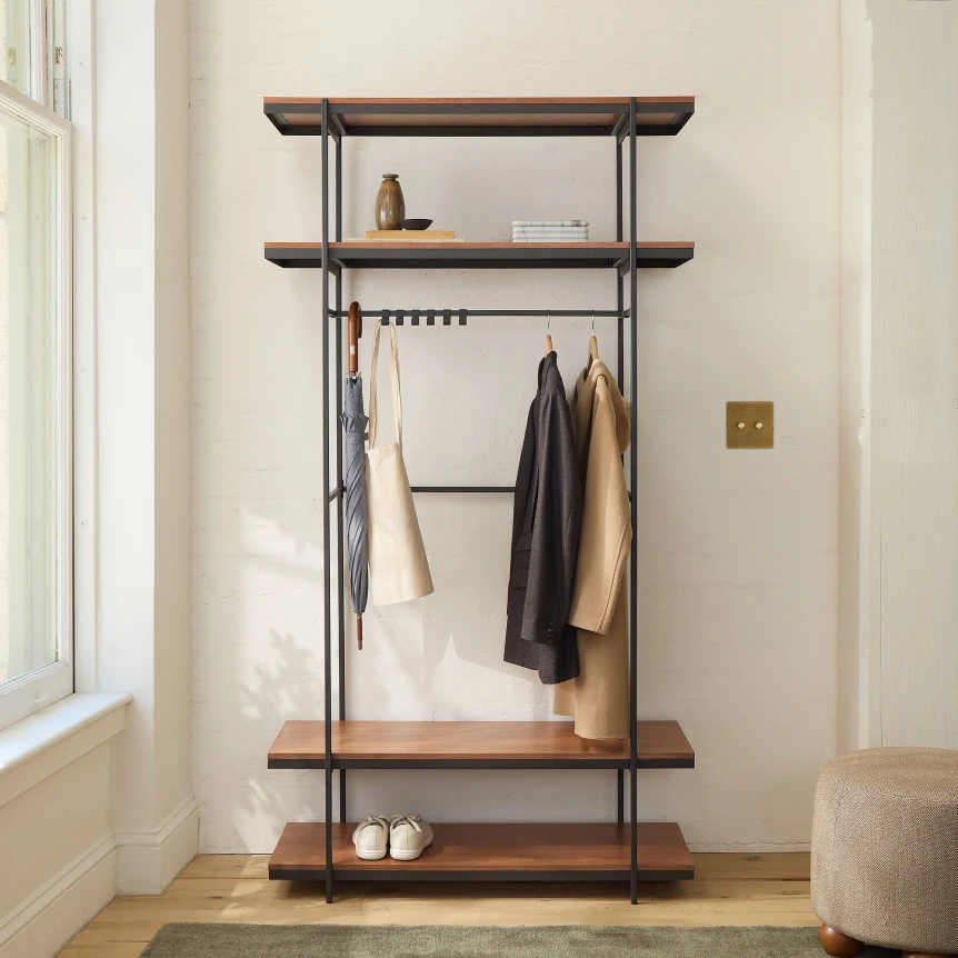 Industrial hall tree with wooden shelves, metal frame, coat hooks, and hanging rod for entryway organization