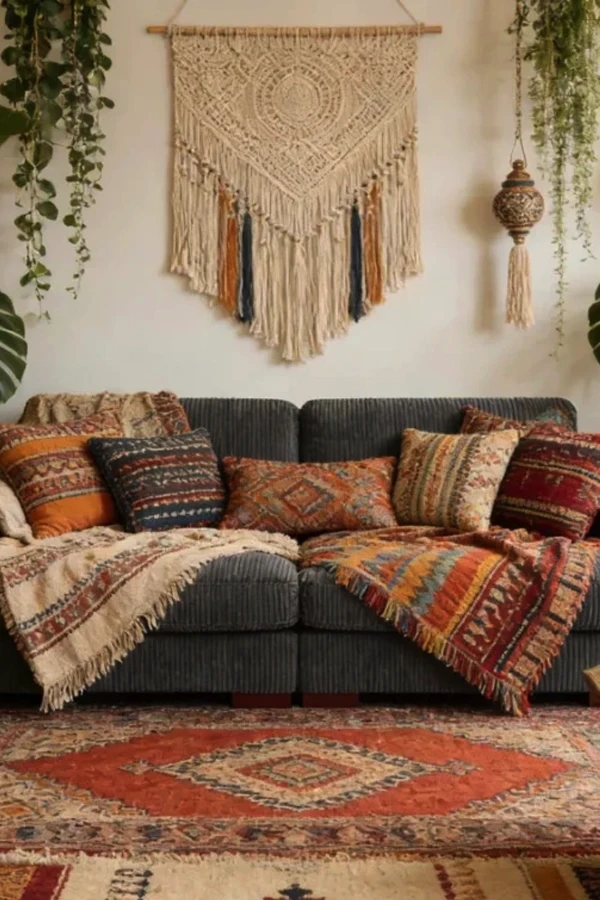 Cozy bohemian living room with gray sofa, colorful throws, macrame wall hanging, and vintage rug