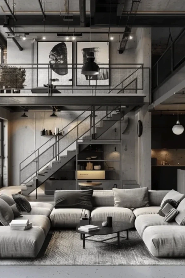 Modern industrial loft with white modular sofa, exposed beams, metal staircase, and multi-level open floor plan