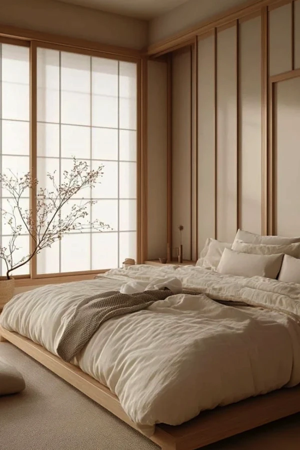 Minimalist Japanese-style bedroom with neutral linens, shoji screens, and natural wood platform bed in serene setting
