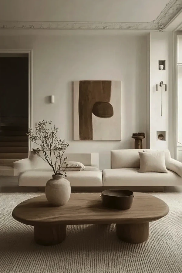 Minimalist modern living room with beige sofa, round coffee table, and abstract art on neutral walls