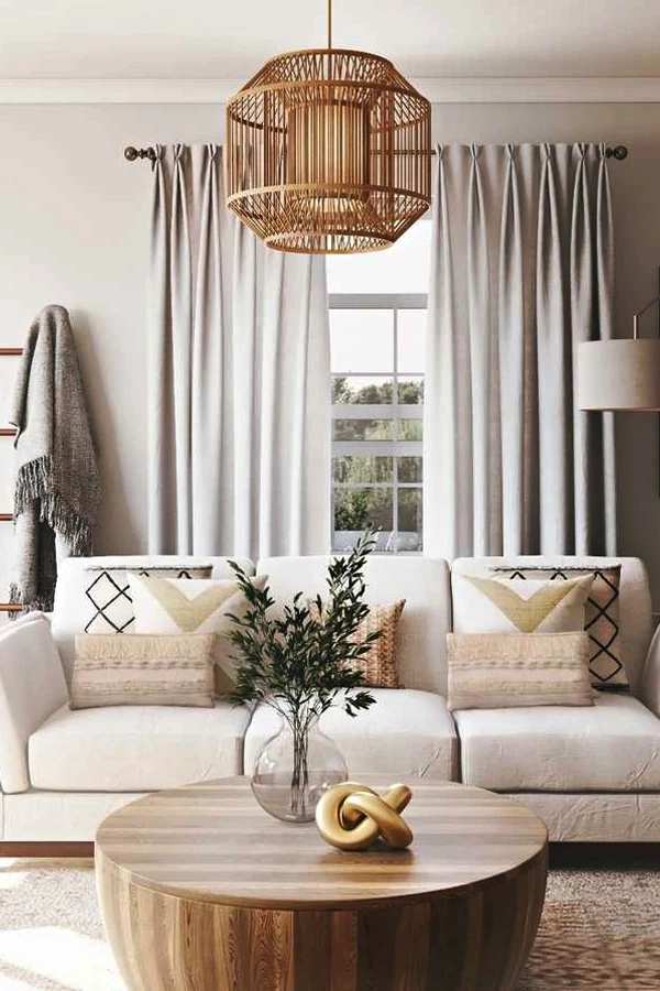 Modern neutral living room with white sofa, gray curtains, wooden coffee table, and woven pendant light