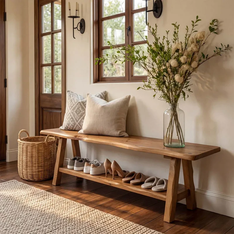 55 Inch Solid Wood Entryway Shoe Bench Long Dining Bench Seat End of Bed Bench with Live Edge 1
