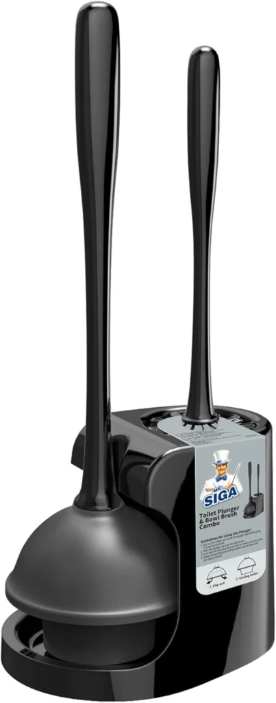 Black toilet brush and plunger set with caddy holder and dual antennas for modern bathroom storage