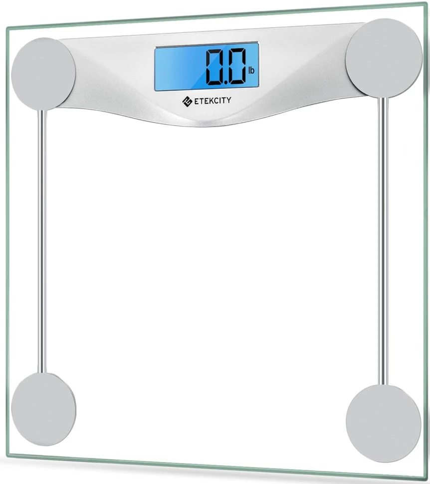 Etekcity digital bathroom scale with clear glass platform and blue LCD display showing 0.0