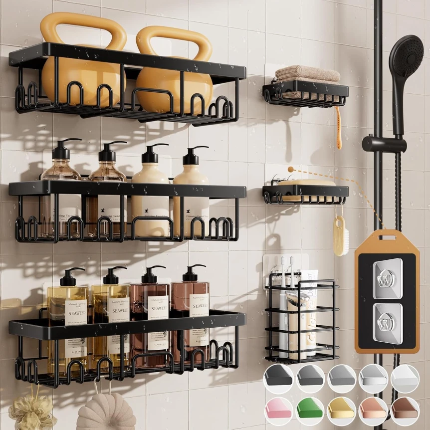 Wall-mounted black metal bathroom organizers with soap dispensers, shelves, and storage baskets holding toiletries