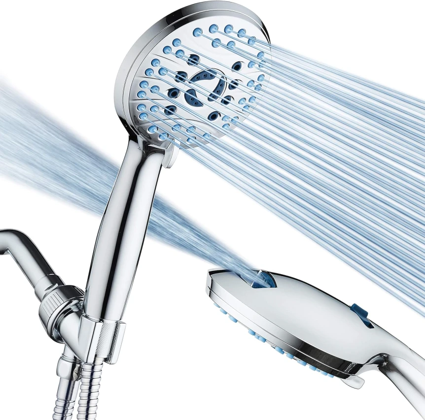 Chrome shower head with multiple spray settings and water streams in modern bathroom setup
