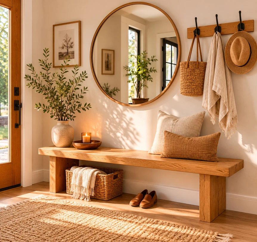 Modern entryway with wooden bench, round mirror, wall hooks, woven rug, and natural decor elements in warm neutral tones