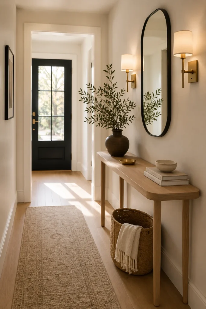 Modern entryway with natural wood console table, oval mirror, wall sconces, and black front door with glass panels