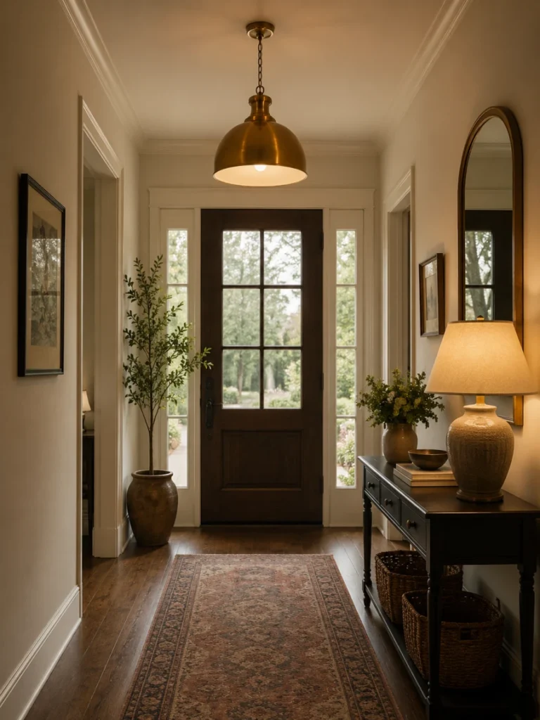 Warm entryway with layered lighting featuring pendant fixture, table lamp, and natural light through glass door
