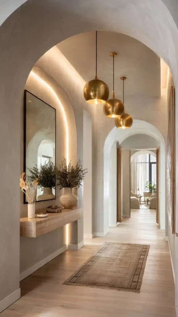 Elegant arched hallway with layered lighting featuring brass pendant fixtures, cove lighting, and natural light