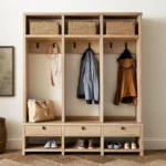 Wooden mudroom storage unit with hooks, drawers, baskets and shoe cubbies organizing coats and footwear