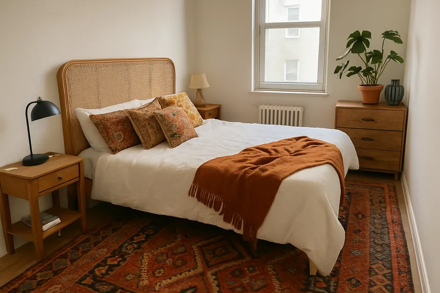 Bohemian bedroom set with a cane headboard bed, mismatched wooden nightstands and a low mango wood dresser