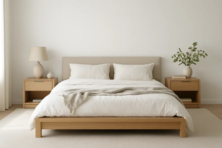 Low oak platform bed with matching nightstands in a white minimalist bedroom furniture layout