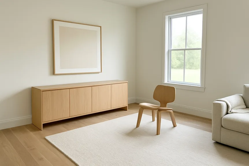 Minimalist furniture design in a white oak sideboard with flush doors in a bright living room