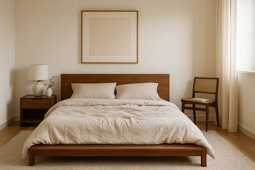 Modern master bedroom with a low walnut platform bed, warm white walls, linen bedding, and a wool rug