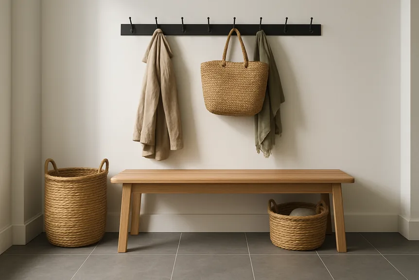Modern mudroom with a freestanding white oak bench, a black powder coated hook rail, and woven baskets against a matte gray porcelain tile floor