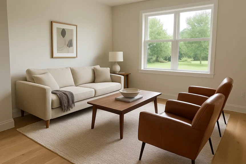 Oatmeal linen sofa with two cognac leather chairs across a walnut coffee table in a bright living room