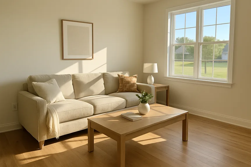 Warm white living room walls behind an oatmeal linen sofa and oak coffee table in afternoon sun
